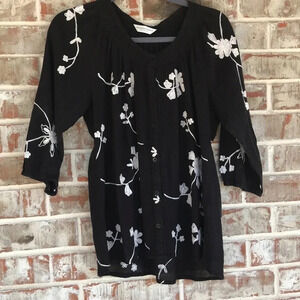 Christopher & Banks Floral Peasant Black Top